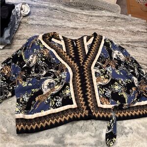 Free People Navy Blue Black Gold Patterned Wrap Blouse
